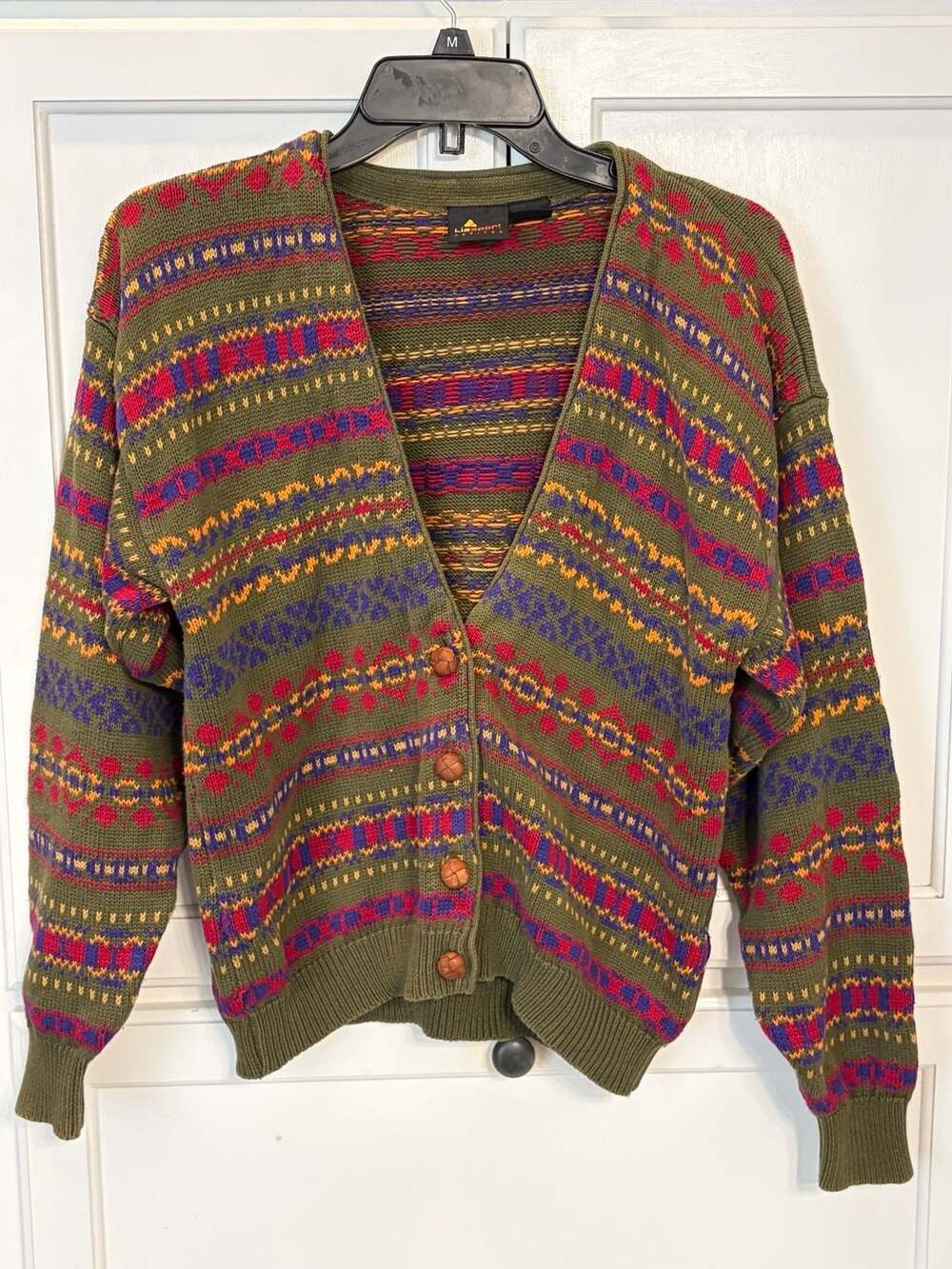Vintage Liz Claiborne Lizsport Cardigan Petite M Fair Isle Cotton Knit Sweater